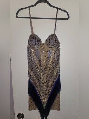 NIKBK Beige and Navy Embellished Rhinestone Slip Showgirl Dress XL